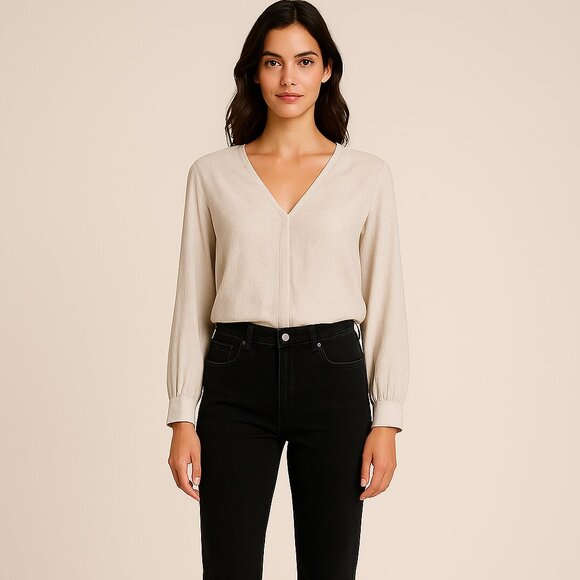 Mavi V neck cream linen cotton button front poet slv blouse Minamalist XS - Picture 2 of 8